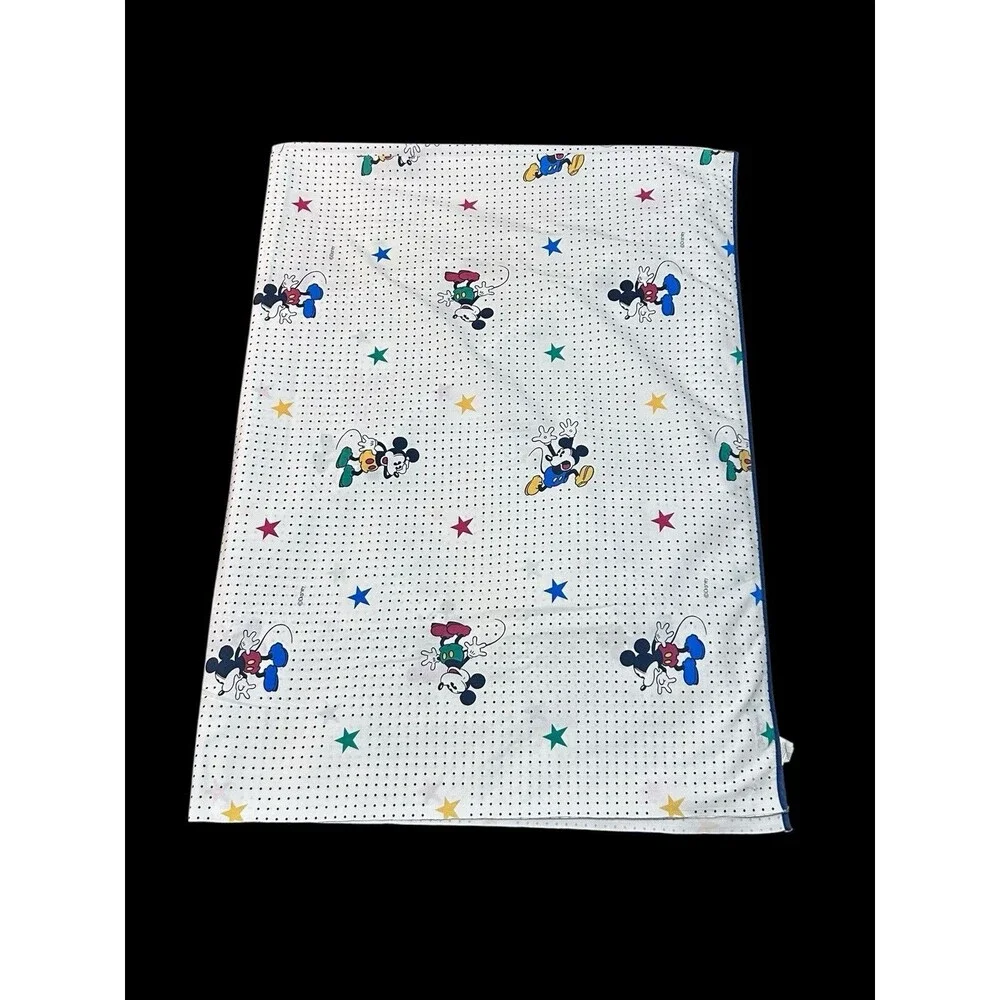 Vtg 90s Disney Mickey Mouse Flat Sheet Full White Navy Polka Dots Primary Stars